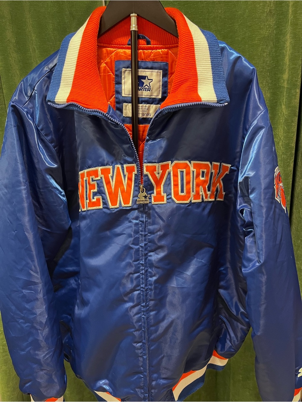STARTER Blue Satin New York Knicks Varsity Jacket with Orange Trim